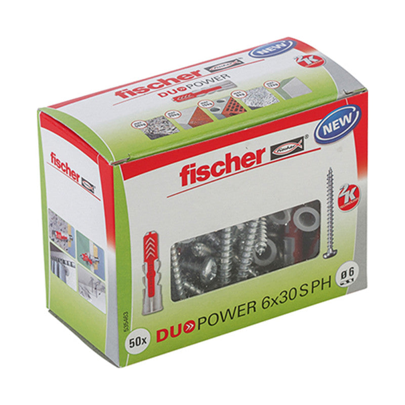 Boîte de 50 chevilles bi-matière FISCHER Duopower PH avec vis