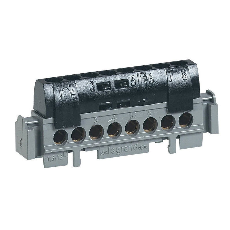 Bornier phase LEGRAND Lexic 8 bornes câble 1,5 à 16 mm² noir
