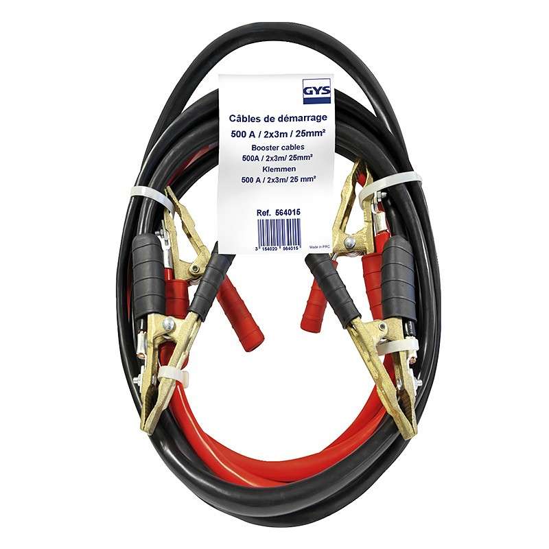 Cable de demarrage 500A 2x3m Ø25mm² Pinces Pro Laiton Pur GYS 564015