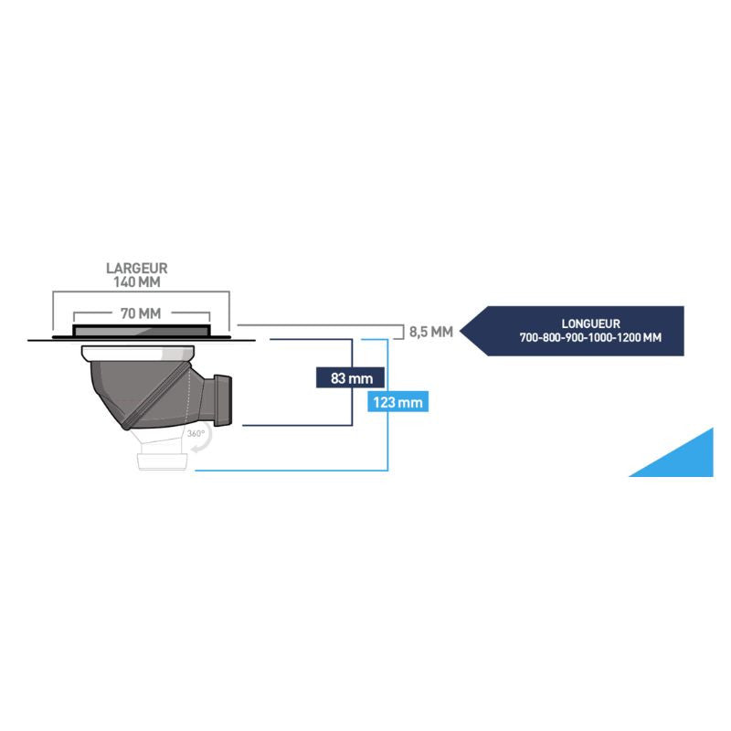Caniveau de sol à maçonner 90cm MARMOX LD90 - Siphon 360° vertical/horizontal - Acier inoxydable