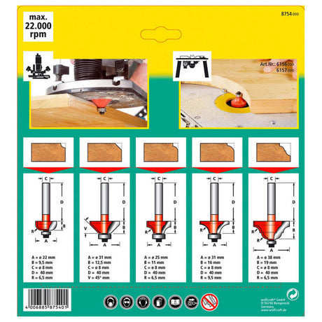 Coffret 5 fraises a profiler WOLFCRAFT 8754000 Ø8 mm longueur 40 mm