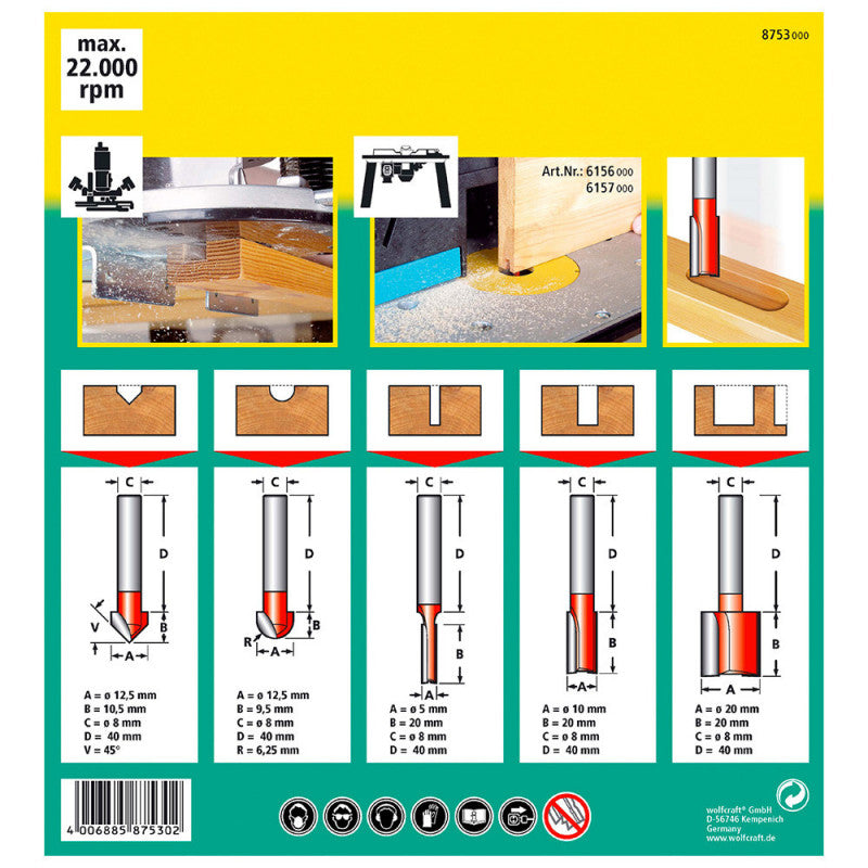 Coffret 5 fraises à rainurer WOLFCRAFT 8753000 Ø8 mm - longueur 40 mm