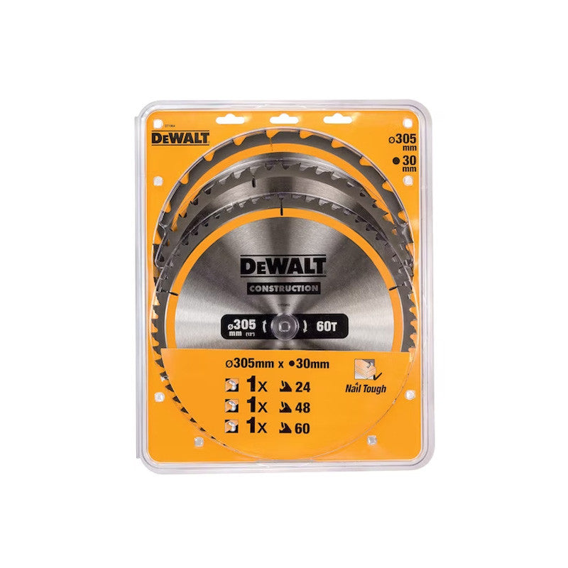 Coffret plastique de 3 lames pour scie circulaire et stationnaire Ø 305mm DEWALT DT1964-QZ Carbure Construction : DT1958, DT1959, DT1960