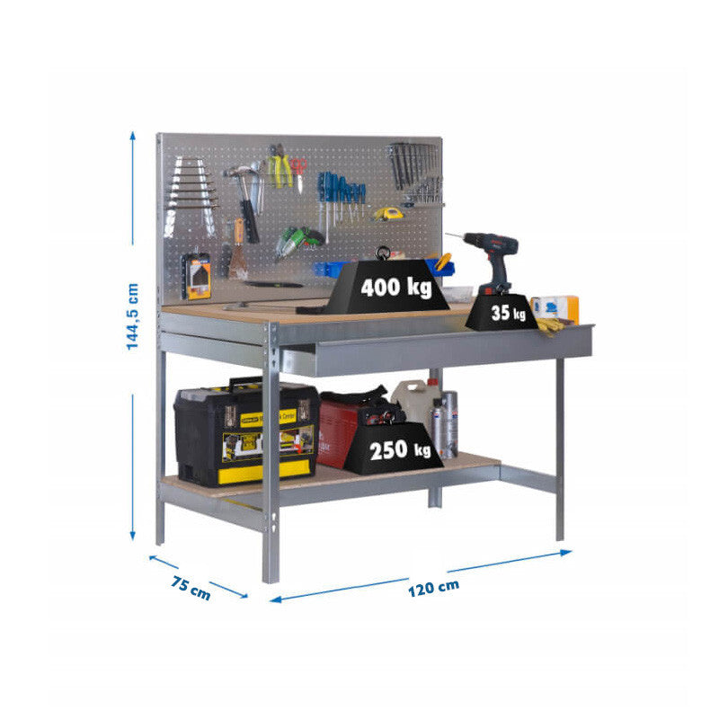 Etabli de travail 1200mm - SIMONRACK - BT2 BOX 1200 - 2 tablettes 1 tiroir et panneau percé