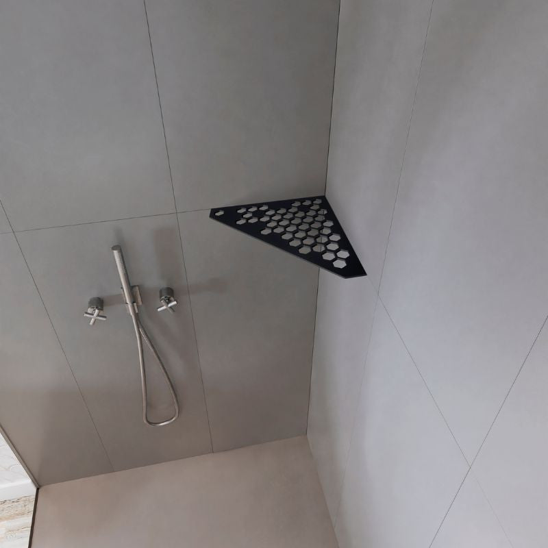 Etagère d'angle en pentagone MARMOX HEXA-PEN-9005 - Modèle hexagone - Acier inox brossé + revêtement anodisé epoxy - Noir - 3mm