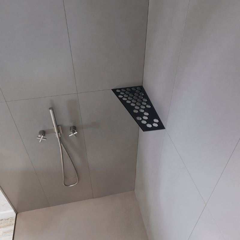 Etagère d'angle rectangulaire MARMOX HEXA-REC-9005 - Modèle hexagone - Acier inox brossé + revêtement anodisé epoxy - Noir - 3mm