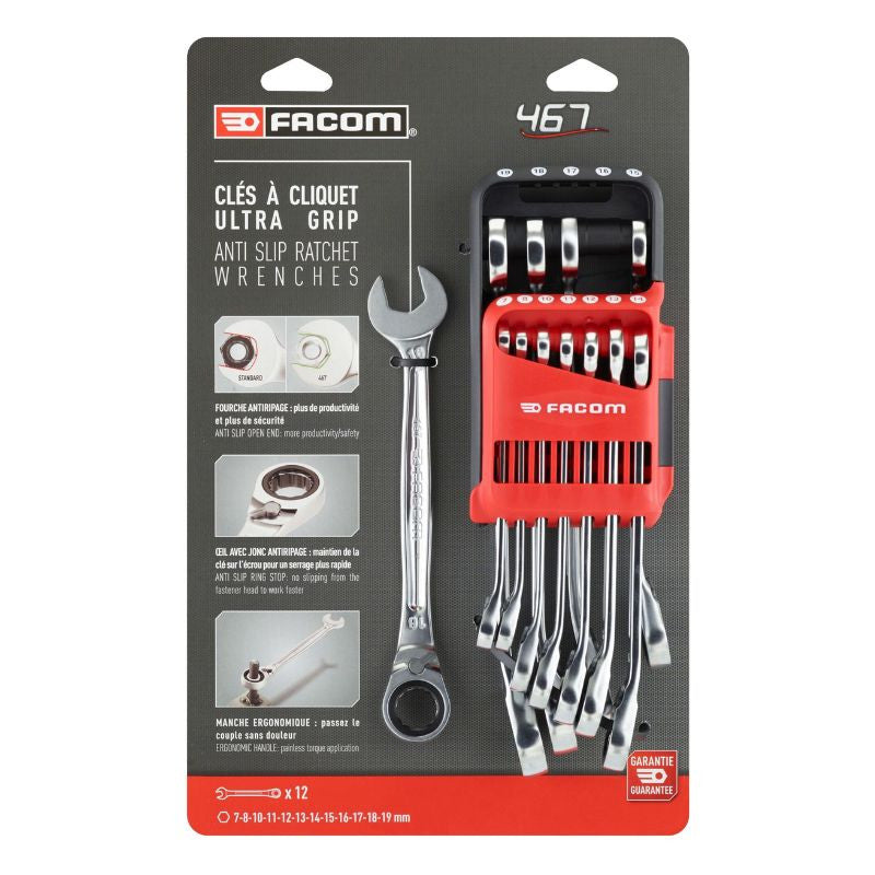 Jeu de 12 clés mixtes à cliquet FACOM 467B.JP12PB - étui pocket - 7 à 19mm