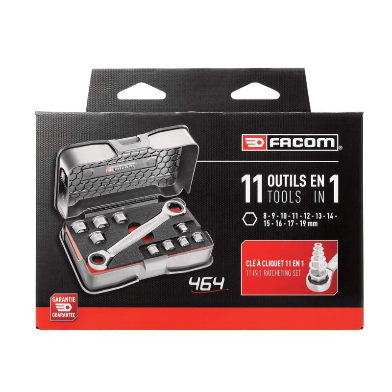Jeu de clé polygonale à cliquet + 9 embouts FACOM 464.J1APB - 8 à 19mm