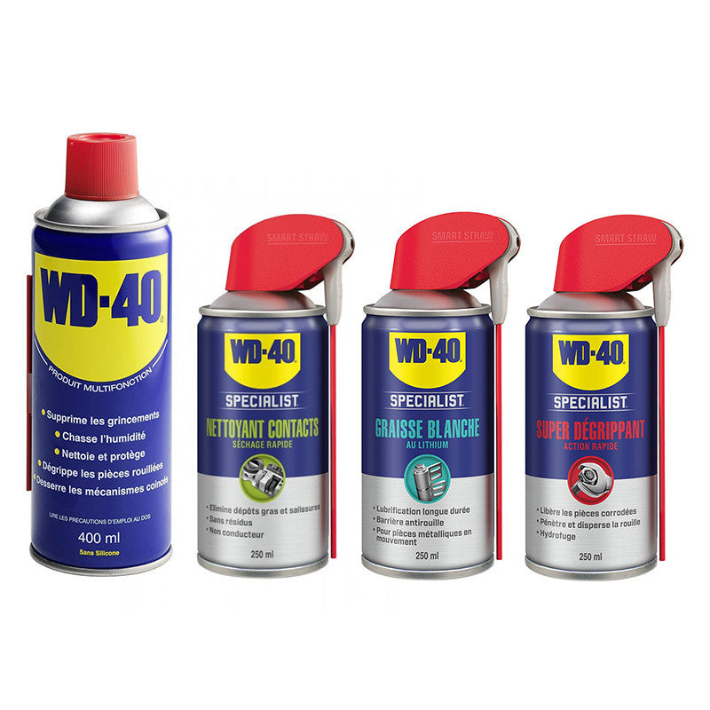 Kit Bâtiment WD-40 Produit Multifonction Spray Double Position + Nettoyant contact + Graisse blanche + Super dégrippant