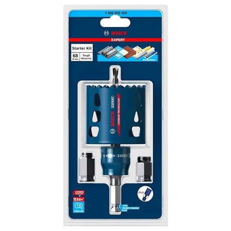 Kit Scie trépan BOSCH 2608900450 Carbure Endurance Multimatériaux 68mm + PC Plus + foret HSS-G