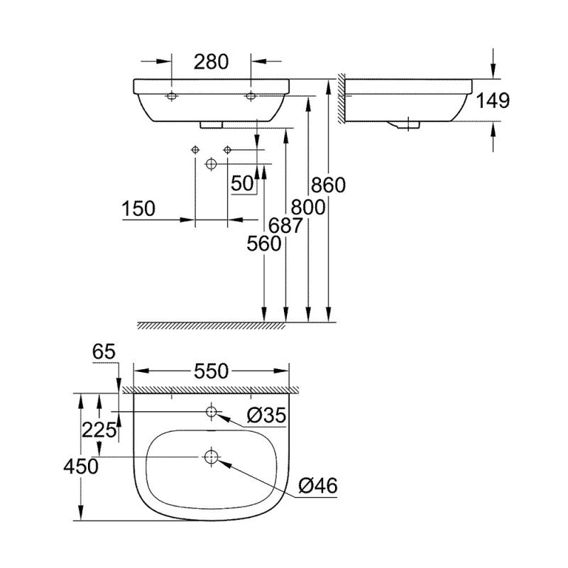 Lavabo suspendu EURO CERAMIC GROHE 3933600H avec pureguard - 55 cm