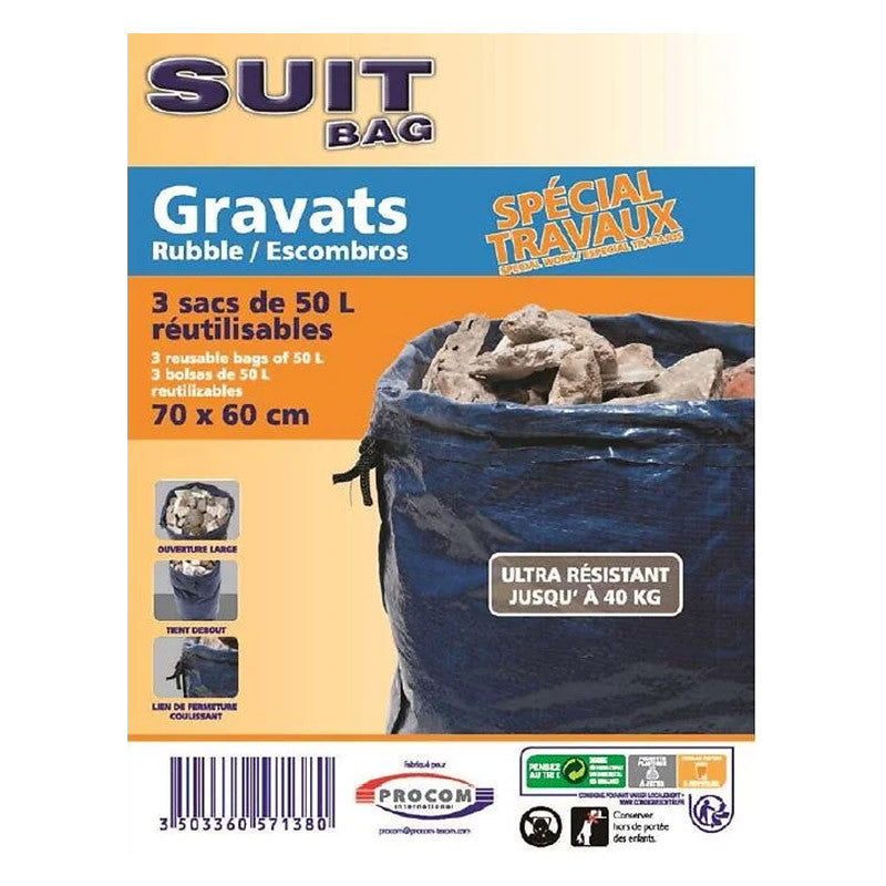 Lot de 3 sacs 50L à gravats SUIT BAG