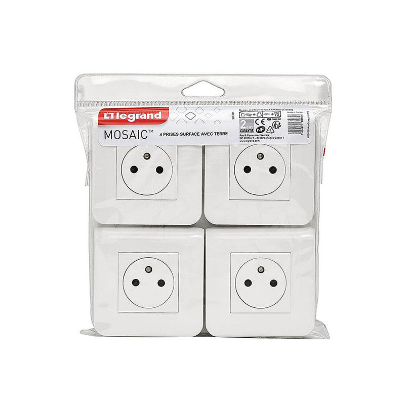 Lot de 4 prises de courant Surface Mosaic blanc complet avec plaque LEGRAND