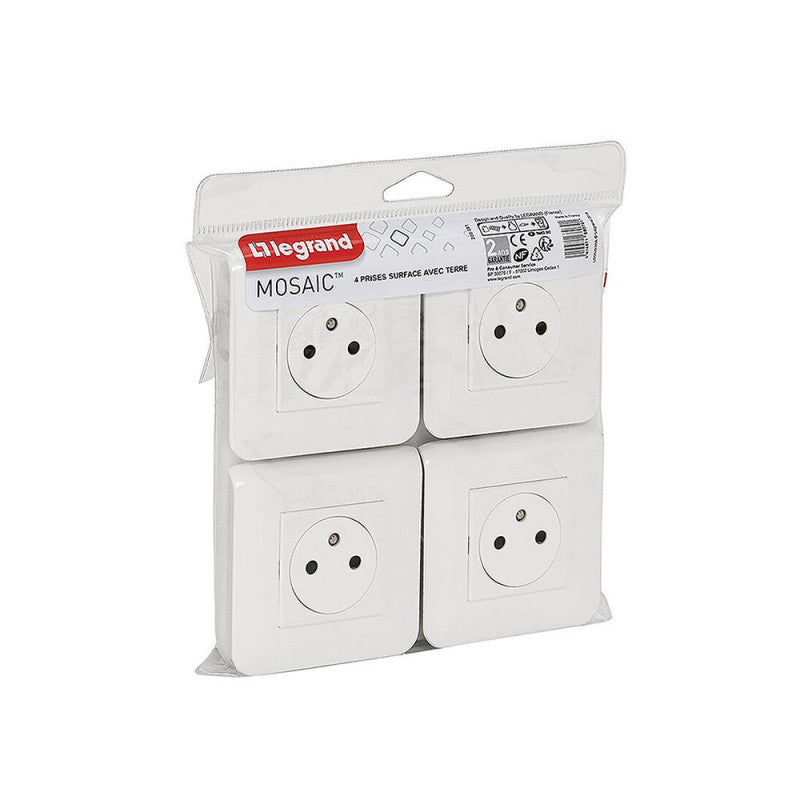 Lot de 4 prises de courant Surface Mosaic blanc complet avec plaque LEGRAND