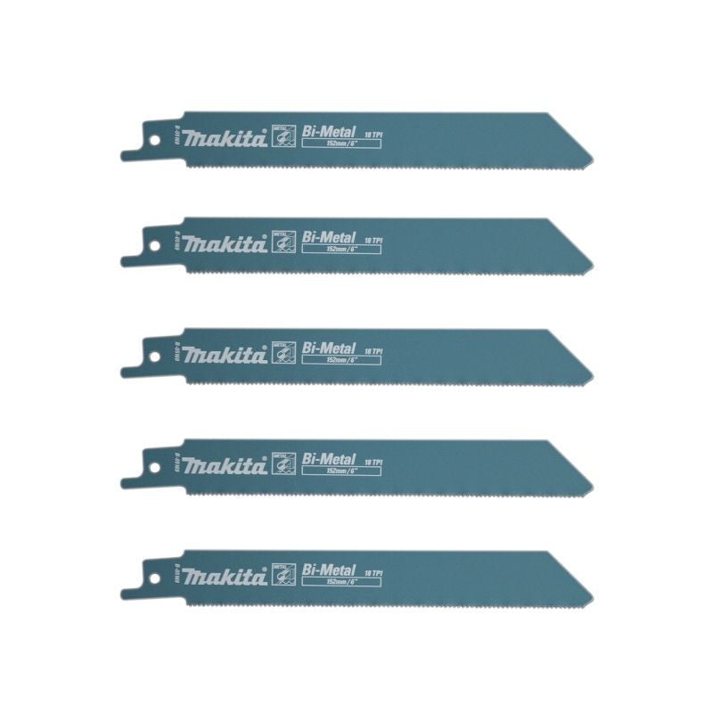 Lot de 5 lames de scie sabre MAKITA B-05169 Bi-Métal flexibles pour acier et Inox (2,5 à 3,5 mm) et métaux non ferreux 150 mm