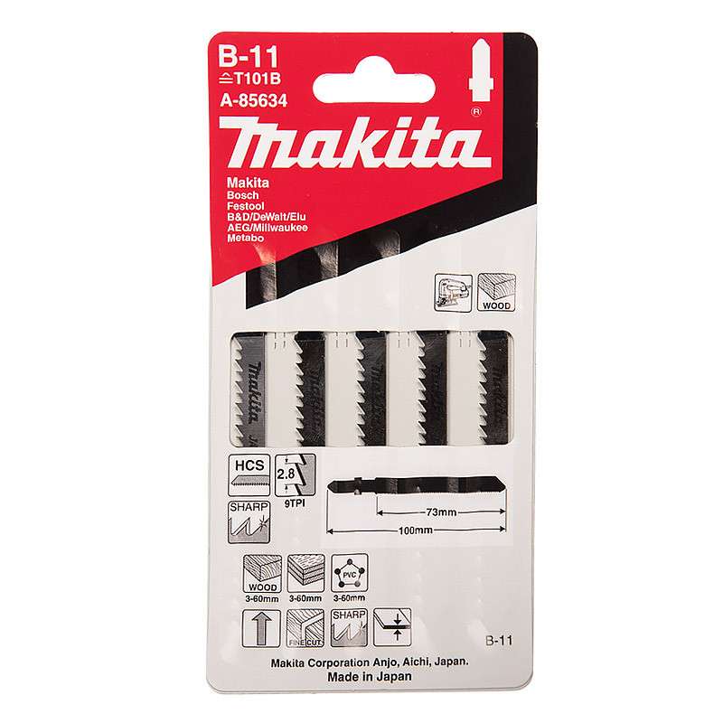 Lot de 5 lames MAKITA A-85634 pour scie sauteuse (bois, contre-plaqué et PVC) (3 à 60mm)