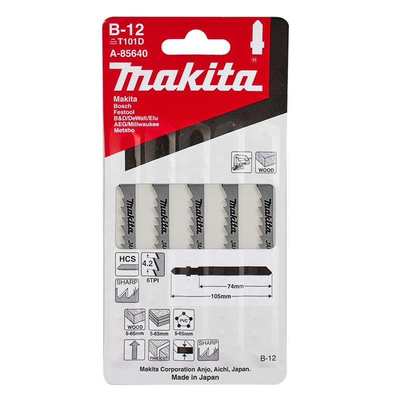 Lot de 5 lames MAKITA A-85640 pour scie sauteuse (bois, contre-plaqué et PVC) (5 à 65mm)