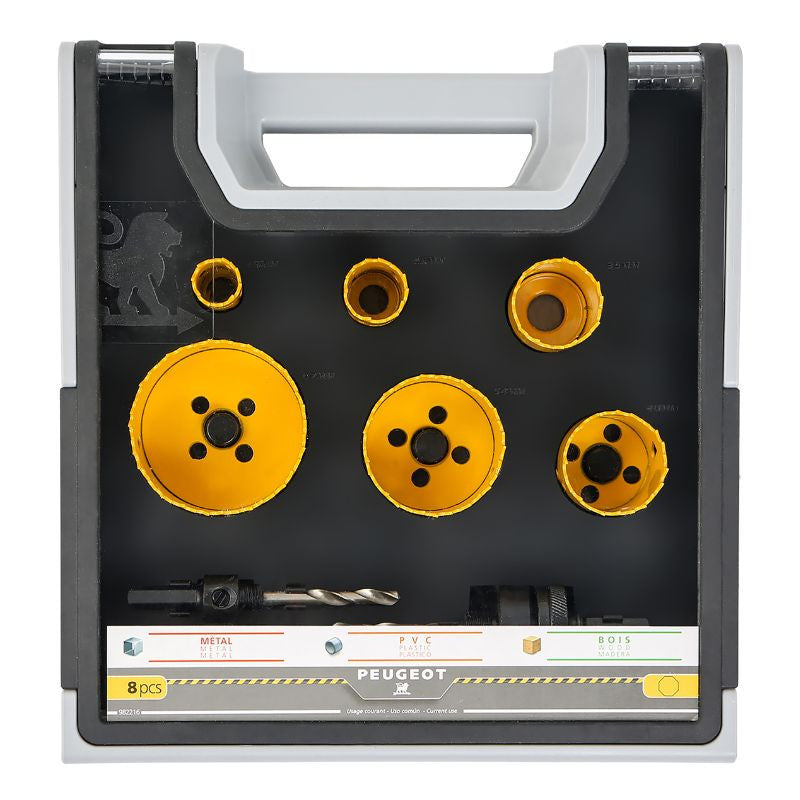 Mallette scies cloches bimétal PEUGEOT 8 pcs + 2 centreurs Usage Courant , Conditionnement x 8 pcs