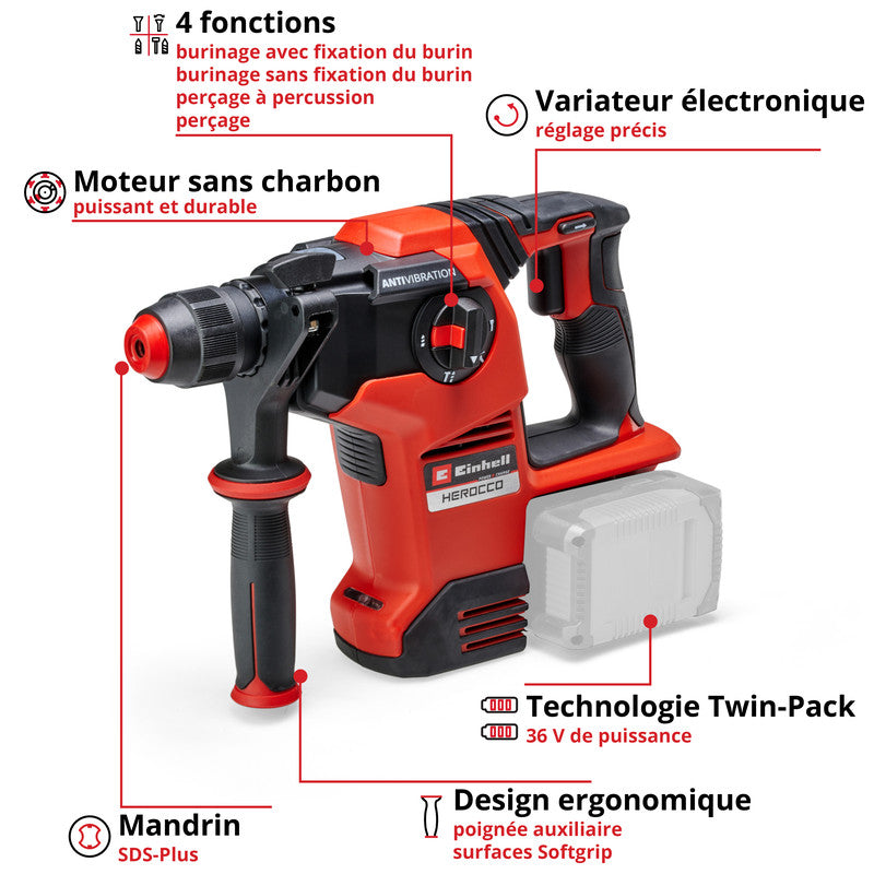 Marteau Perforateur sans fil SDS-plus 36V 3.2J EINHELL HEROCCO 36/28 Li-Solo Power X-Change (vendu sans batterie)