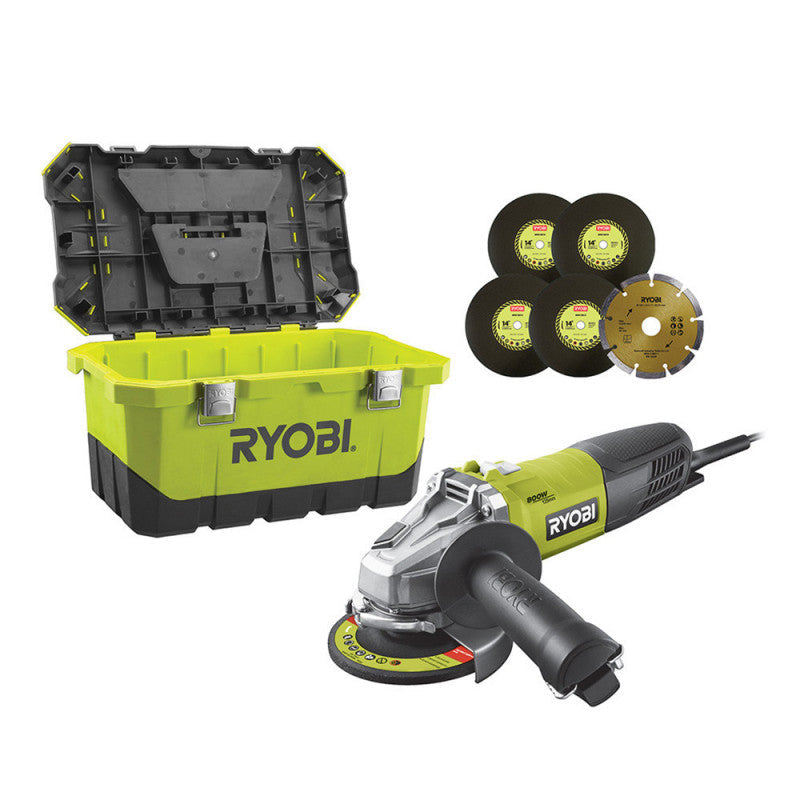 Meuleuse d'angle RYOBI RAG800-125TA6 800 W - Ø125 mm - 6 Disques & Coffret de rangement