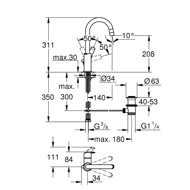 Mitigeur lavabo EUROSMART GROHE 23537002 - taille L - col de cygne - chrome