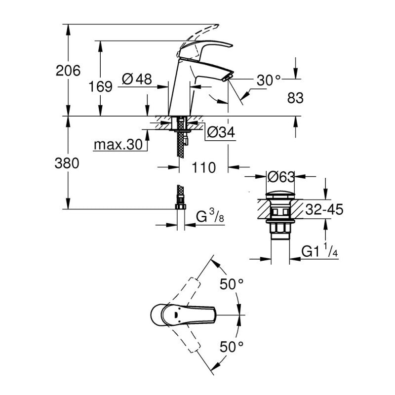 Mitigeur lavabo EUROSMART GROHE 23923002 bec bas - taille M - chrome