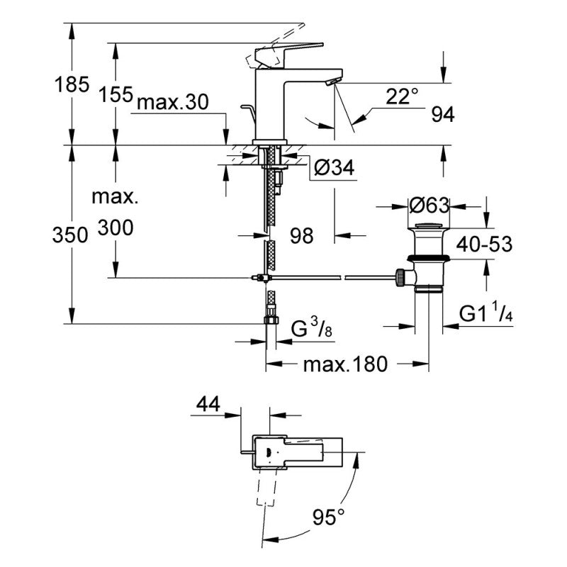 Mitigeur lavabo monocommande SAIL CUBE GROHE 23435000 bec bas - taille S - chrome