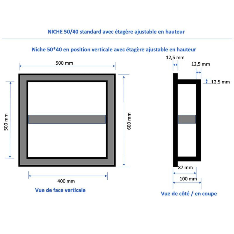 Niche à carreler étanche MARMOX NICHE50/40 - Format intérieur 50x40cm - Profondeur 9cm