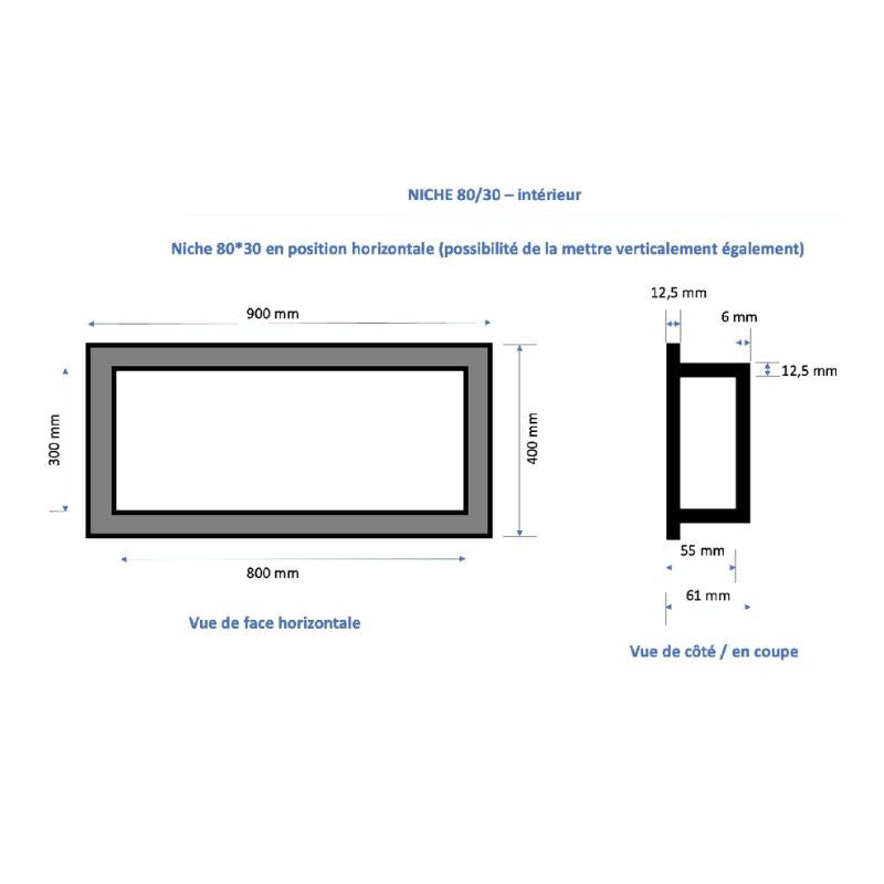 Niche à carreler étanche MARMOX NICHE80/30-INT - Format intérieur 80x30cm - Profondeur 6cm