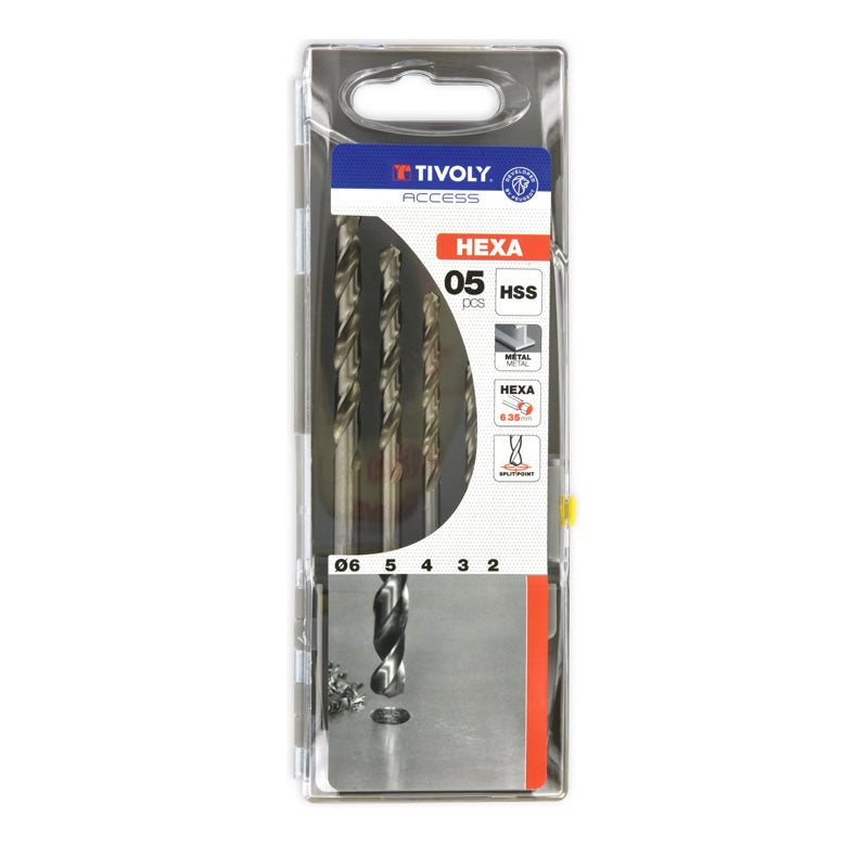 Tivoly 5 forets métaux HSS rectifiés queue hexagonale 6,35mm Ø 2 à 6mm