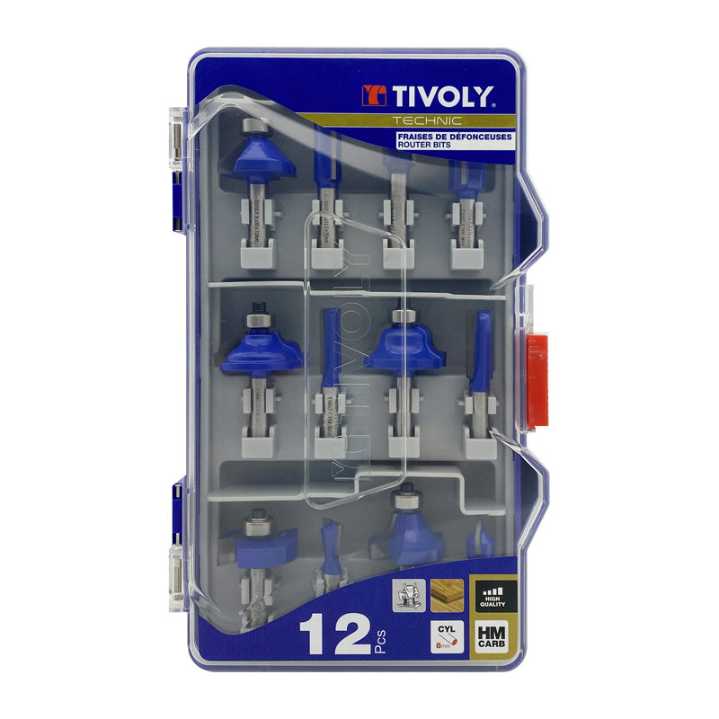 Tivoly 12 fraises de défonceuse de formes assorties - Queue 8mm