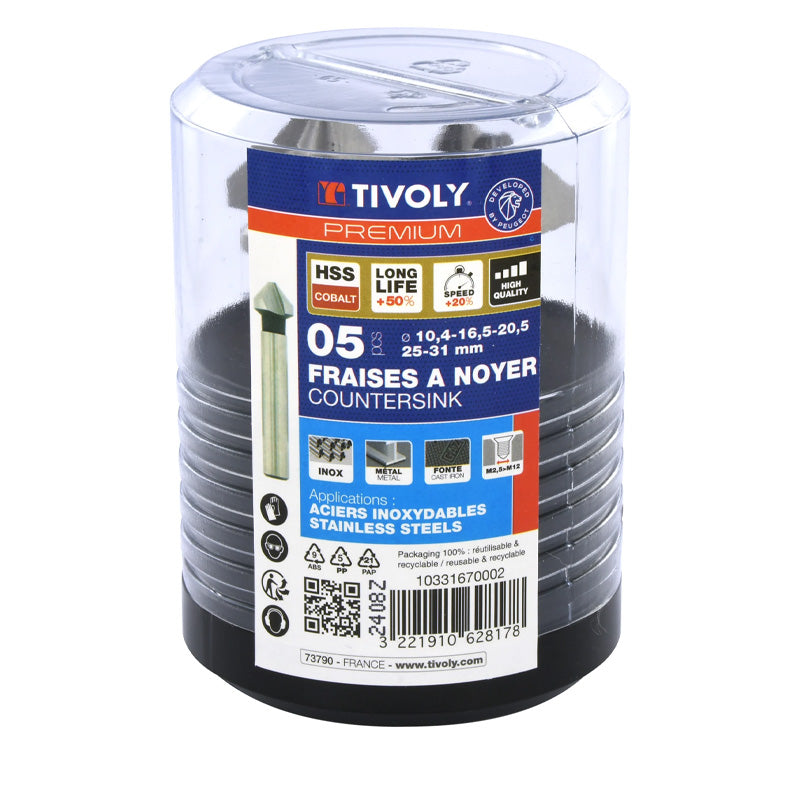 Tivoly Coffret 5 fraises à noyer HSSE5% cobalt DIN335C à 90° Ø 10,4 à 31 mm PREMIUM