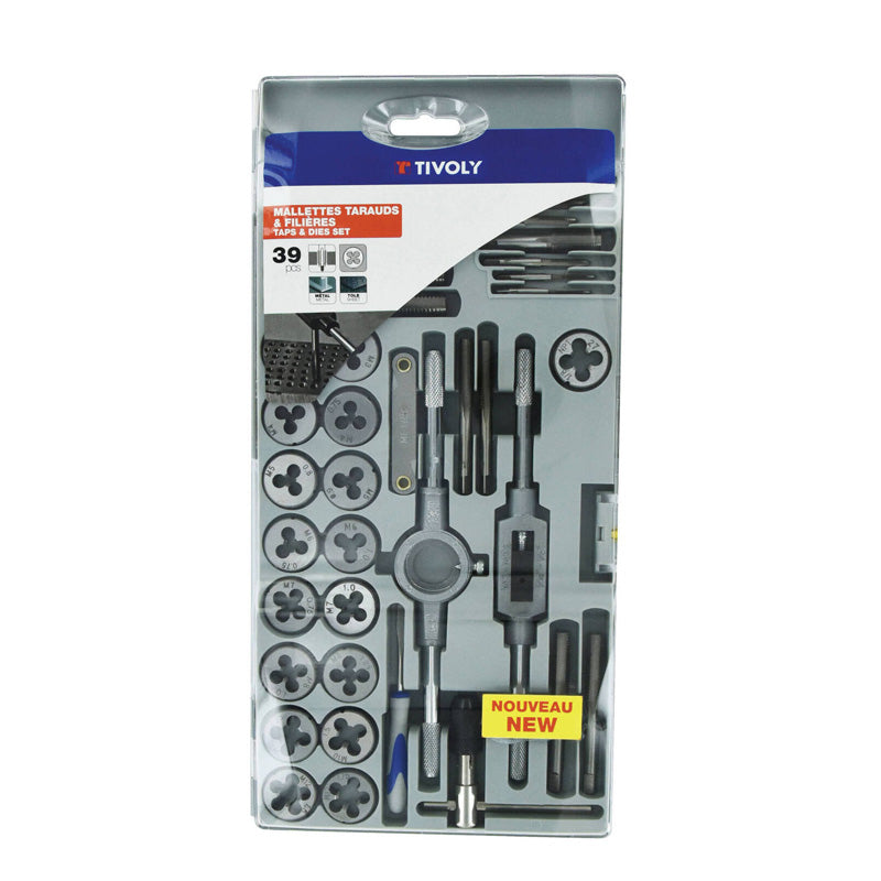 Tivoly 39 pièces -17 tarauds + 17 filières M3 à M12 & MF4 à MF12 + 1 jauge à filet + 1 tournevis + 2 porte-tarauds + 1 porte-filière