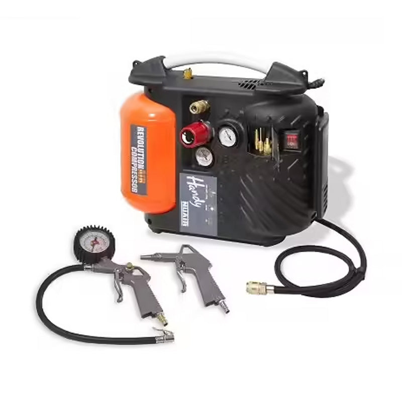 Compresseur HANDY 5L 1.5 HP + tuyau + soufflette + poignée de gonflage homologuée + 3 embouts de gonflage - REVOLUTIONAIR - 425022