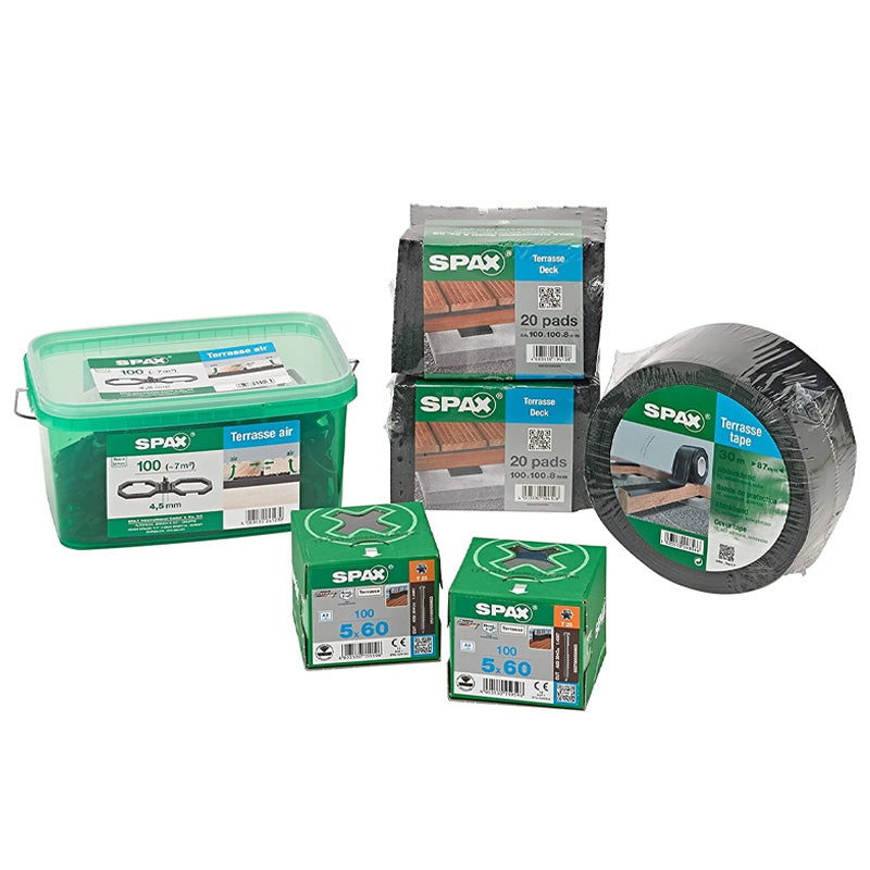 Kit pour Terrasse SPAX vis en acier inoxydable, entretoise, embout, tampon et mètre ruban