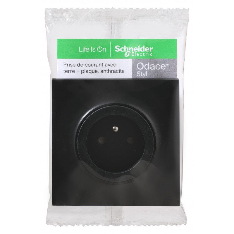 Prise de courant ODACE avec terre + plaque anthracite SCHNEIDER