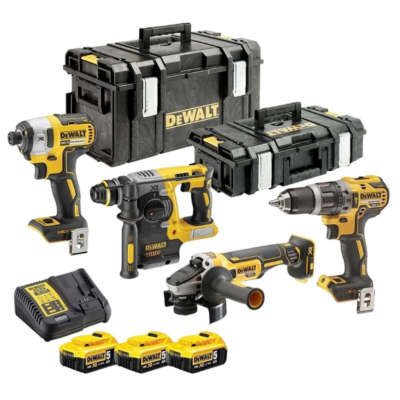 Pack 4 machines DEWALT DCK422P3 : perceuse (DCD796), visseuse à choc (DCF887), perforateur (DCH273) et meuleuse Ø125mm (DCG405) avec 2 coffrets Toughsystem et 3 batteries 5,0 Ah 18V