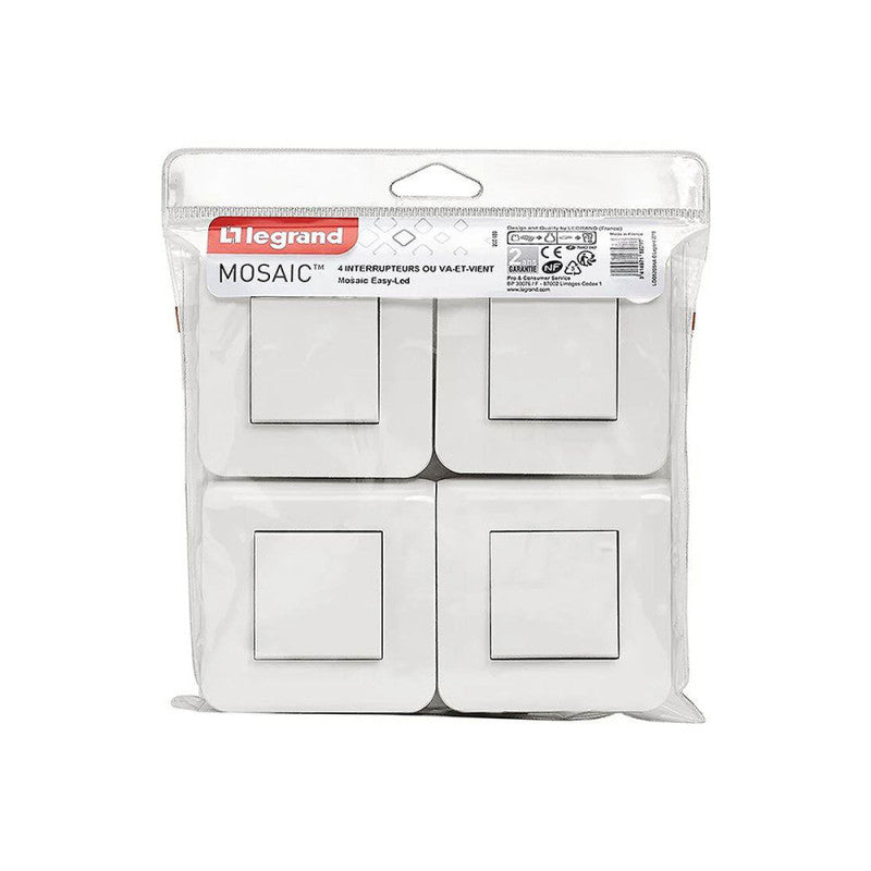 Pack de 4 interrupteurs complets avec plaque LEGRAND Mosaic 10A blanc