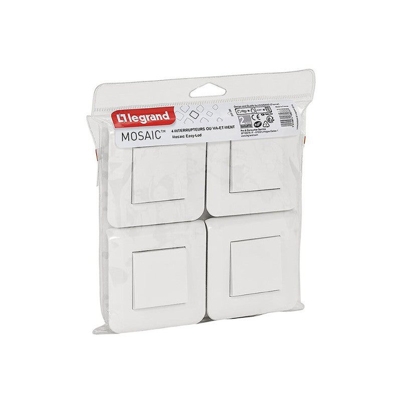 Pack de 4 interrupteurs complets avec plaque LEGRAND Mosaic 10A blanc