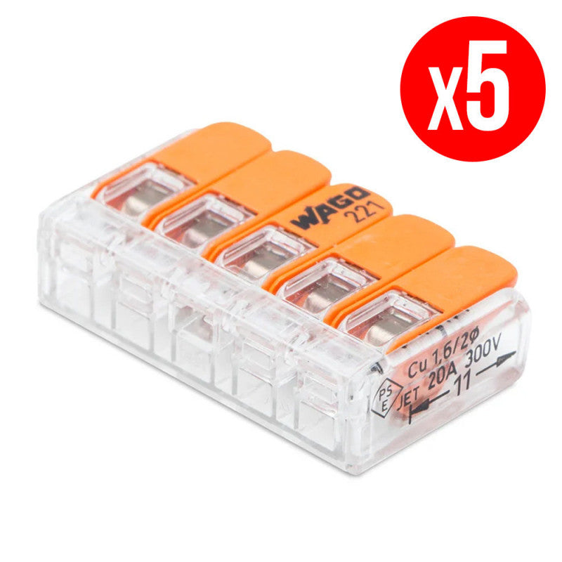 Pack de 5 bornes de connexion rapide à levier WAGO 5 entrées fil souple et rigide - S221