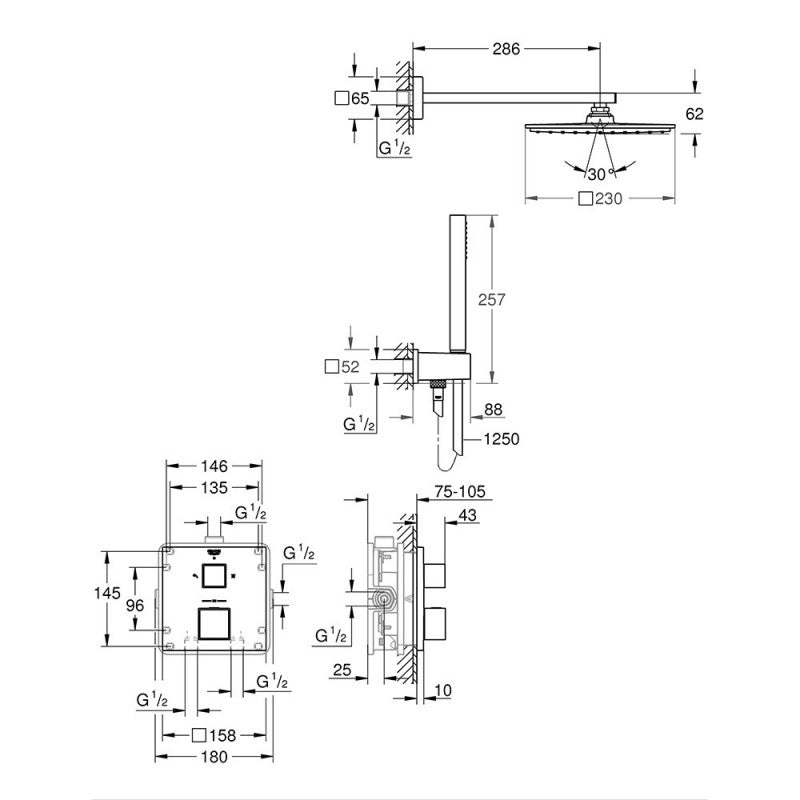 Pack de douche encastré GROHTHERM CUBE GROHE 34741000 - tête 23 x 23 cm + douchette stick