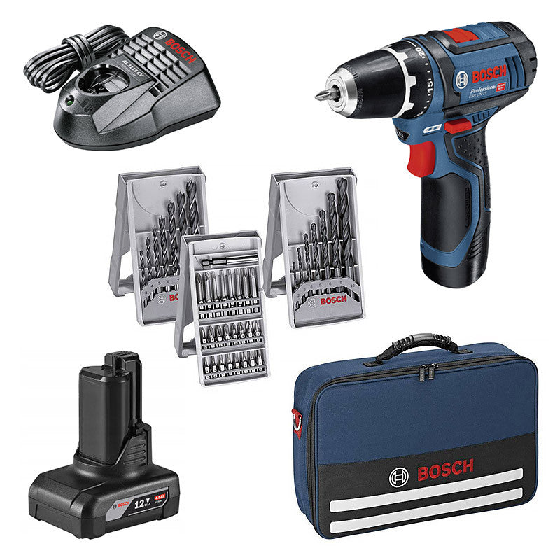 Perceuse visseuse BOSCH GSR 12V-15 set 2+4 Ah + 39 accessoires