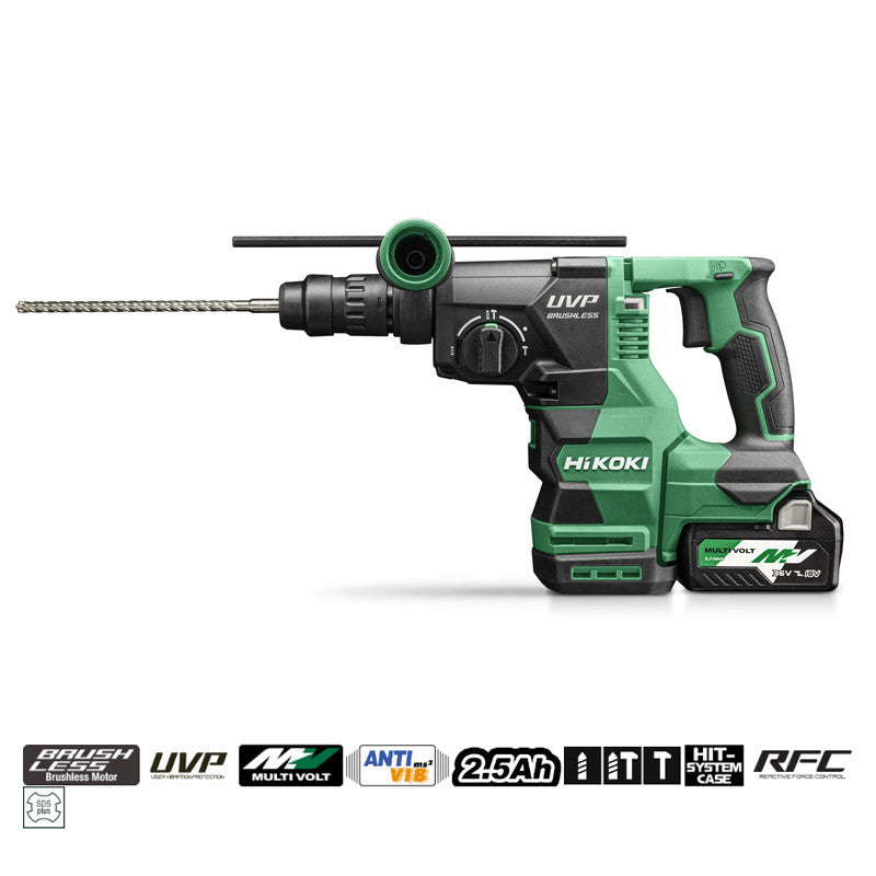 Perfo-burineur 36V SDS+ 28mm - HIKOKI - DH3628DCWRZ - 3 modes 2,5Ah 3,2J UVP-LVH 2 vit. LED level HitCase