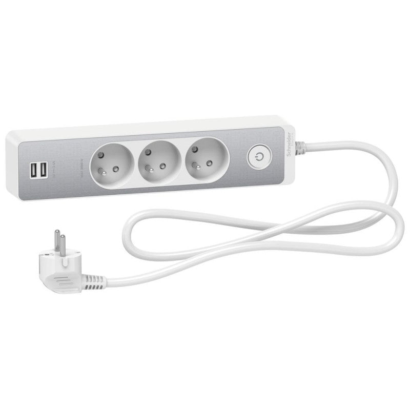 Rallonge multiprise on/off SCHNEIDER ST933U1WA 3 prises - 2P+T - 2 USB - 1,5 m - blanc - finition alu brossé