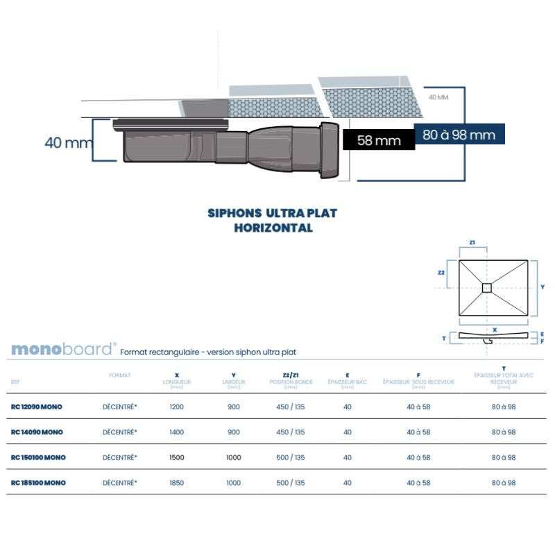 Receveur à carreler 140x90cm MARMOX RC14090MONO - Mono pente - Avec grille caniveau inox excentrée