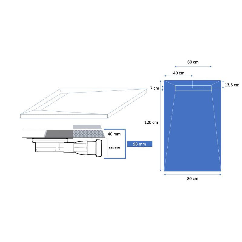 Receveur résine 120x80cm extra-plat MARMOX RC12080LITE-7015-LINE - Grille caniveau excentrée - Gris imitation ardoise