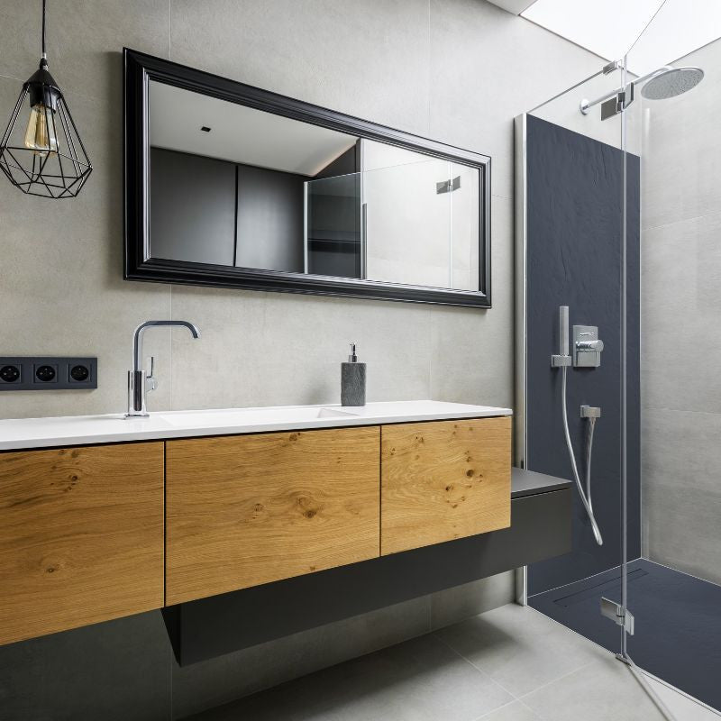 Receveur résine 120x80cm extra-plat MARMOX RC12080LITE-7015-LINE - Grille caniveau excentrée - Gris imitation ardoise