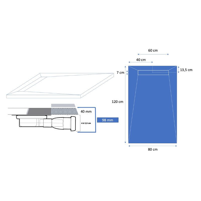 Receveur résine 120x80cm extra-plat MARMOX RC12080LITE-9010-LINE - Grille caniveau excentrée - Blanc imitation ardoise
