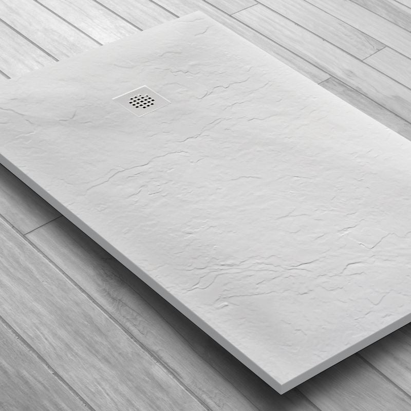 Receveur résine 120x80cm MARMOX RC12080SLATE-9010 - Grille carrée excentrée - Solid surface - Blanc imitation ardoise