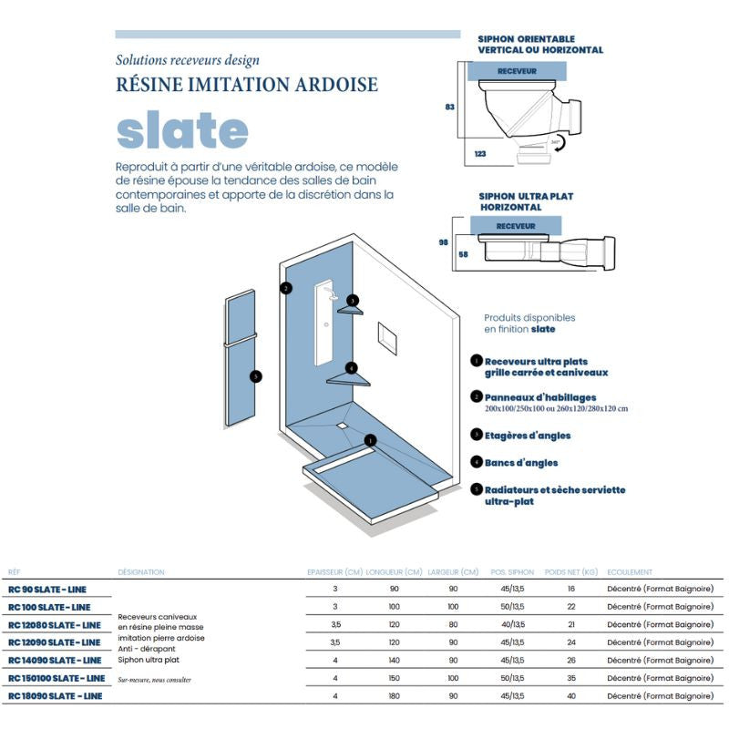 Receveur résine 120x80cm MARMOX RC12080SLATE-9010-LINE - Grille caniveau excentrée - Solid surface - Blanc imitation ardoise